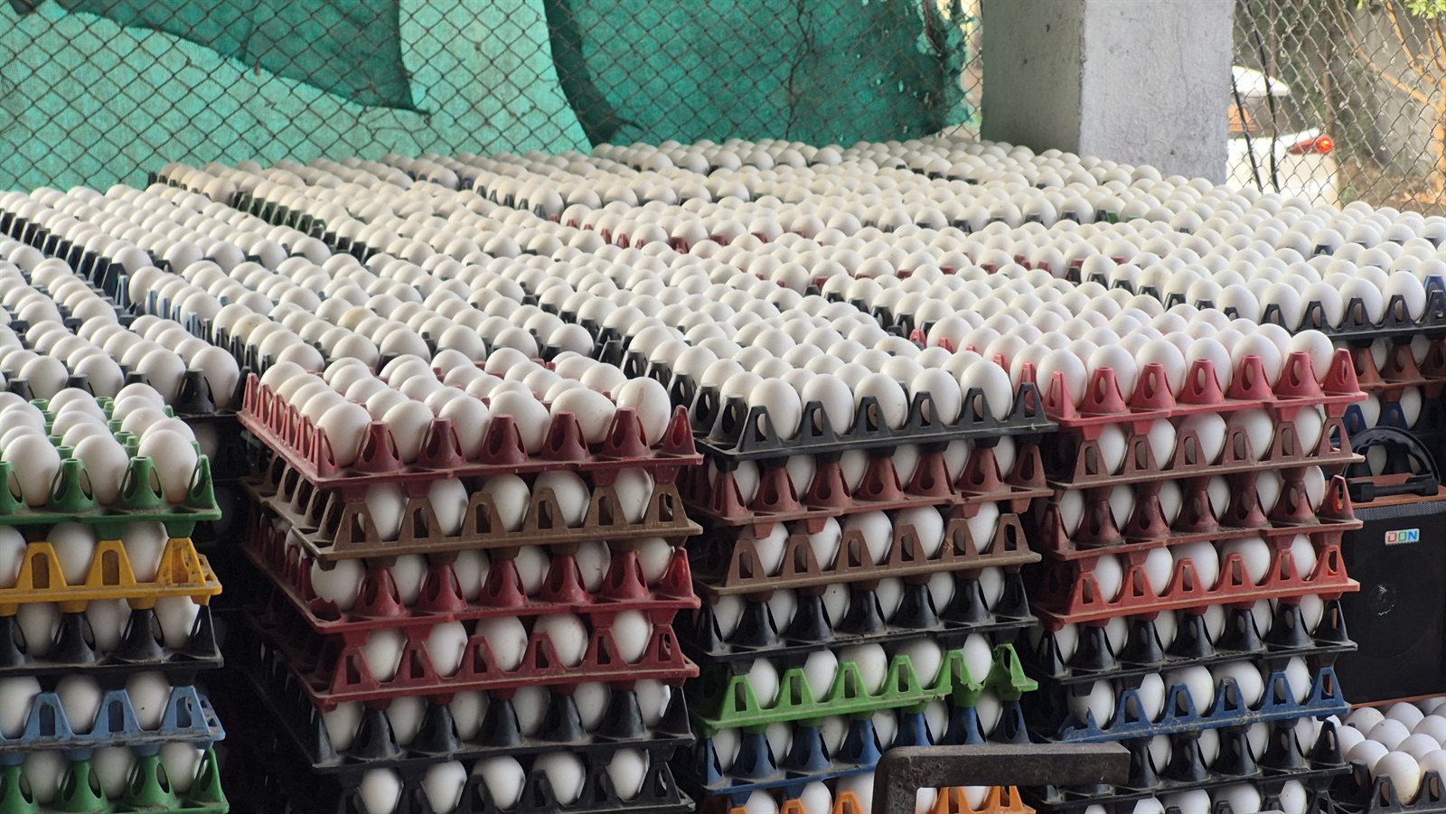 Stacks of filled egg trays arranged in the outdoor handling area