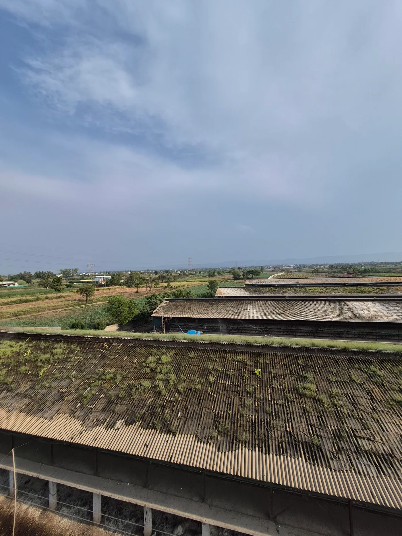 Elevated overview of multiple shed roofs at the farm