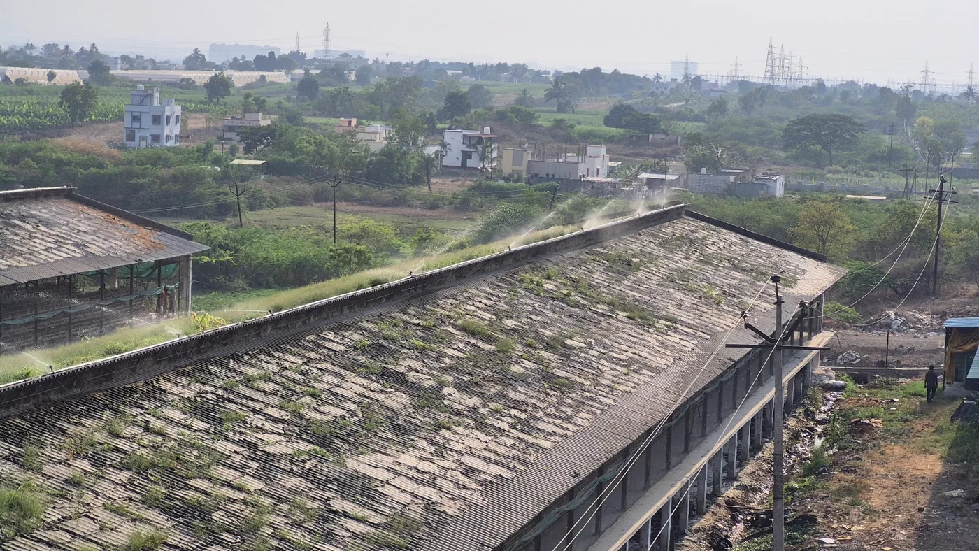 Roof edge view facing the nearby village and open farmland